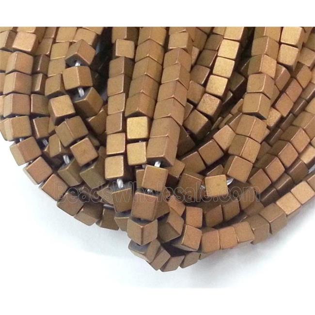 matte Hematite beads, no-Magnetic, cube, coffee electroplated