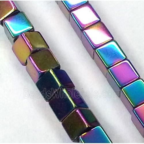 Hematite beads, no-Magnetic, cube, rainbow electroplated
