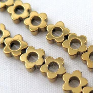 Hematite bead, flower, gold electroplated