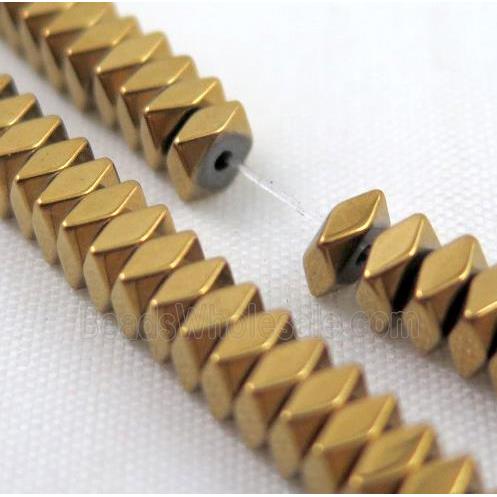 Hematite bead, faceted square, gold electroplated