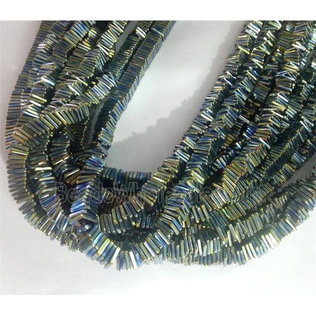 Hematite square bead, green electroplated