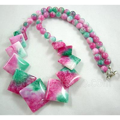 Jade Necklace, square, pink/green, 16"