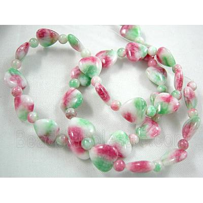 Jade beads, heart, round, pink/white