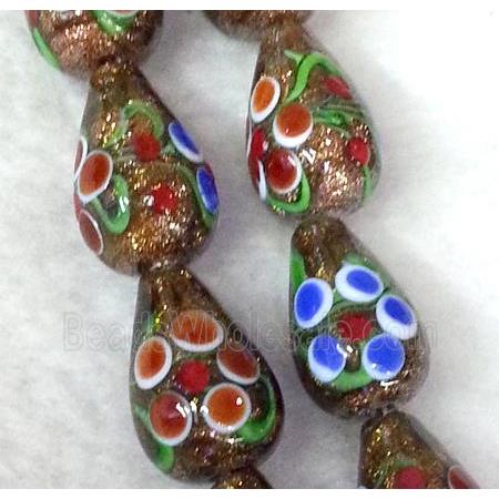 lampwork bead with flower and goldsand, teardrop