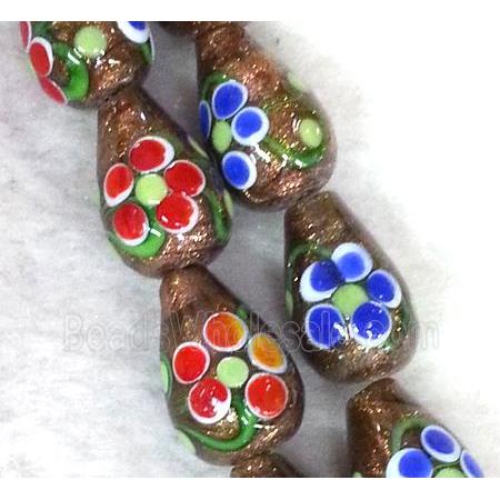 lampwork bead with flower and goldsand, teardrop