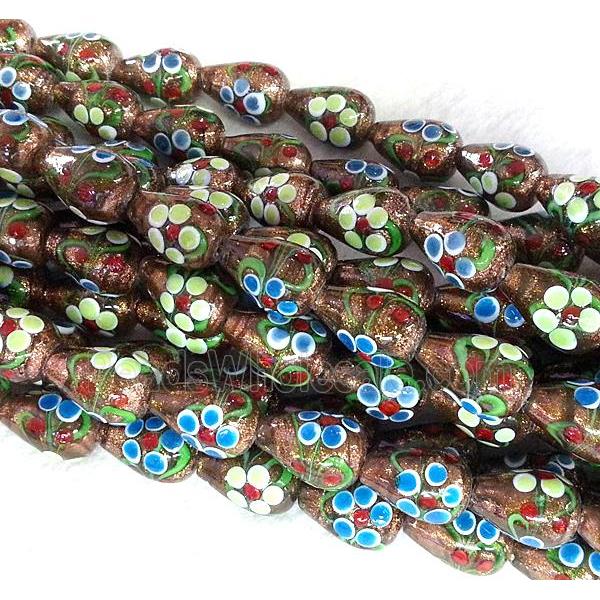 lampwork bead with flower and goldsand, teardrop