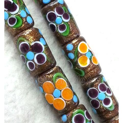 lampwork bead with flower and goldsand, round tube