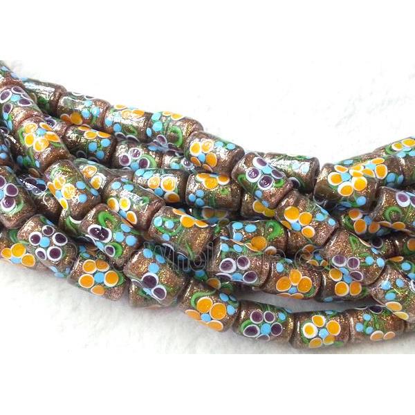 lampwork bead with flower and goldsand, round tube