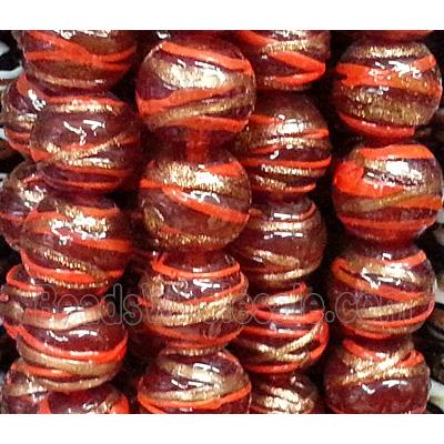 glass lampwork beads with goldsand line, round, red