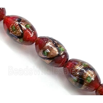 glass lampwork beads with goldsand, barrel, red