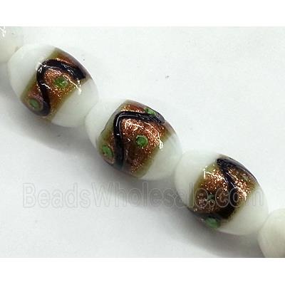 glass lampwork beads with goldsand, barrel, white