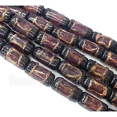 glass lampwork beads with goldsand, tube, purple