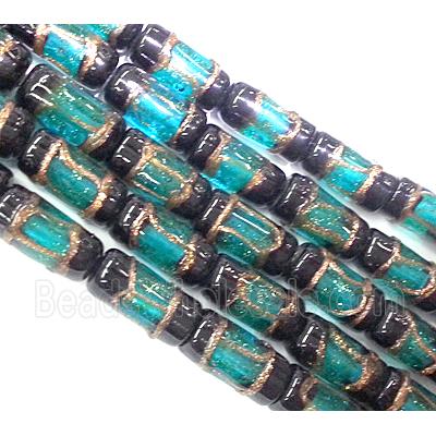 glass lampwork beads with goldsand, tube, aqua