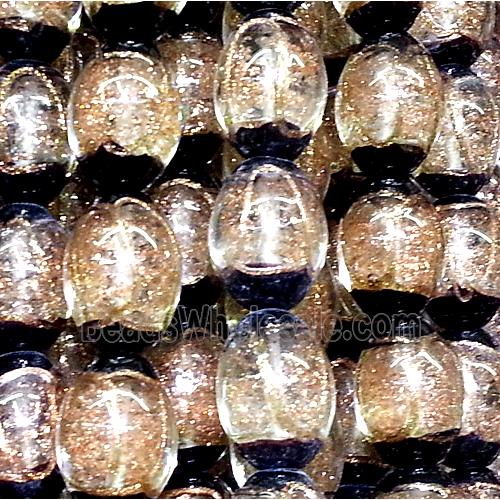 glass lampwork beads with goldsand line, barrel, champagne