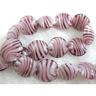lampwork glass beads, flat-round, swirl line, purple