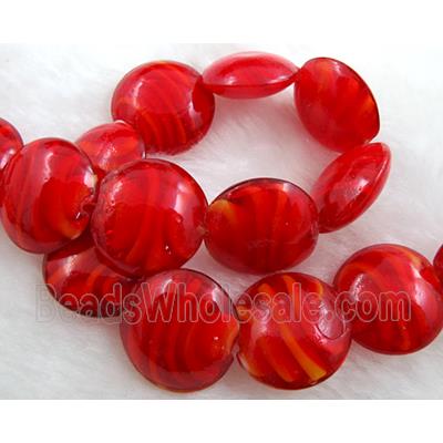 lampwork glass beads, flat-round, swirl line, ruby