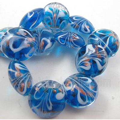 stripe lampwork glass beads, flat-round, blue