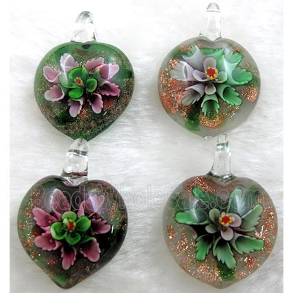 murano style lampwork glass pendant with goldsand, heart, butterfly, mixed color