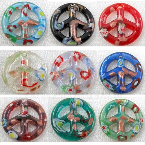 glass lampwork pendant with goldsand, peace sign, mixed color
