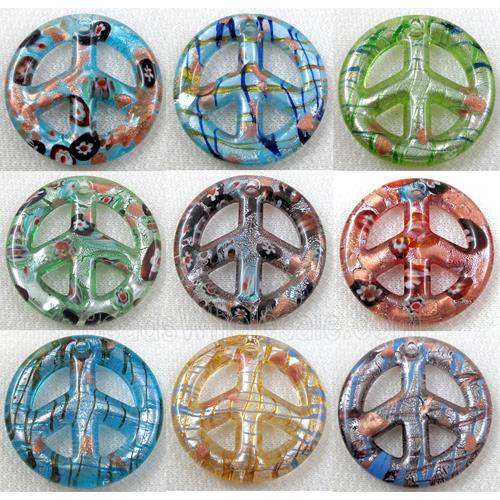glass lampwork pendant with silver foil, peace sign, mixed color