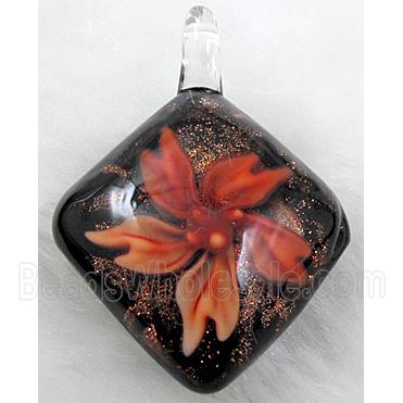 murano style lampwork glass pendant with goldsand, flower, red