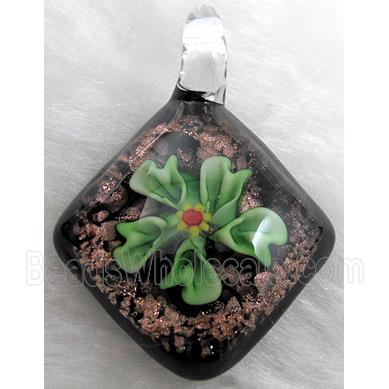 murano style lampwork glass pendant with goldsand, flower, green