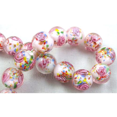 lampwork glass beads, flower, round, pink