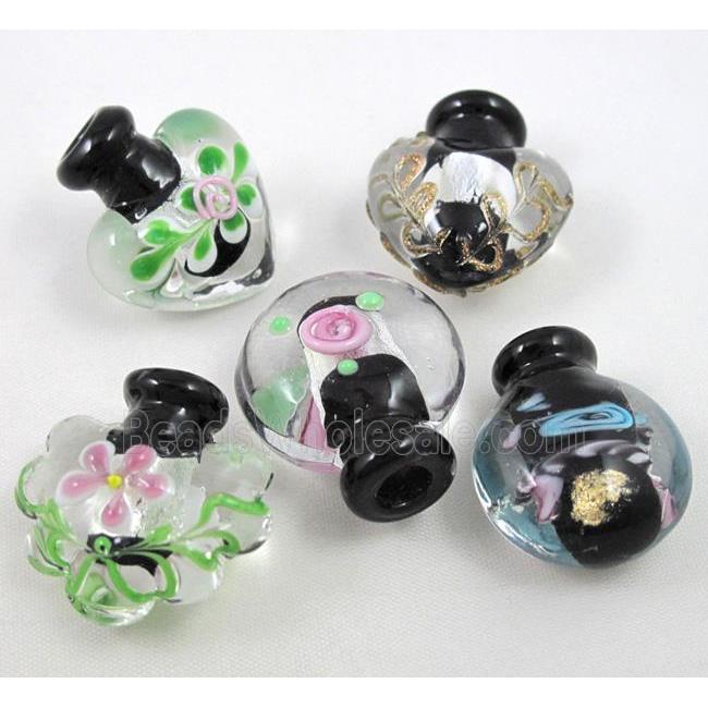 black glass lampwork bottle pendant, mixed shaped