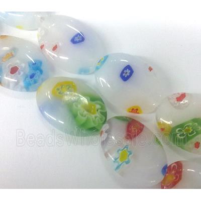 Millefiori glass bead, flat-oval, mixed