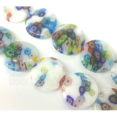 Millefiori glass bead, flat-round, mixed