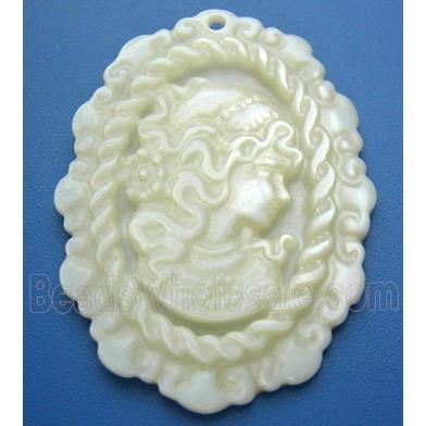 Mother of Pearl pendant, oval, carved beauty, white