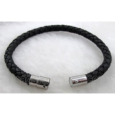 Black Leather Bracelet, magnetic clasp