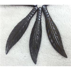 antique cattle bone feather pendant, black, approx 18x110mm [BJAS024]