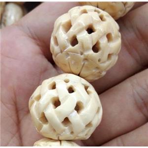 round antique cattle bone bead, yellow, approx 22mm dia [BJAS051]
