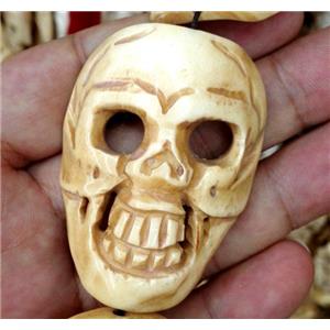 antique cattle bone beads, skull, yellow, approx 40x53mm [BJAS059]