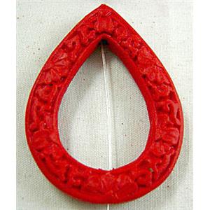 Cinnabar (imitation) beads, Red, Flat Teardrop, Carved  Flower, 30x43mm,6mm thick [CNB315R]