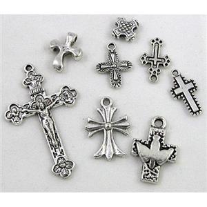 mix Tibetan silver cross pendants, Non-nickel, approx 10-50mm, multi-size [DK10212]
