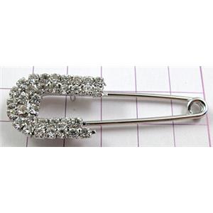 rhinestone Brooch, clip pin, copper, platinum plated, 55mm length [FDBROOCH009PP]