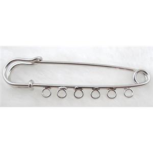 Brooch pins, clip, copper, platinum plated, 77mm length [FDBROOCH025PP]