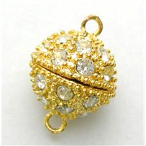 Magnetic Clasp, pearl necklace end, copper, rhinestone, gold plated, 12mm diameter, lead&nickel free [FDC005G]