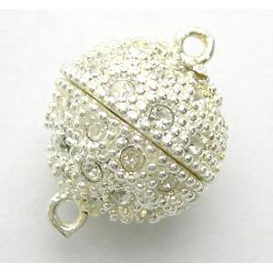 Magnetic Clasp, pearl necklace end, copper, rhinestone, silver plated, 16mm diameter, lead&nickel free [FDC006S]