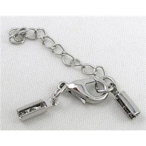 end of cord, copper connector for necklace, bracelet, platinum plated, 2mm hole, 35mm length, chain:30mm [FDC263]