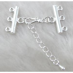 Silver Plated Copper Connector for Necklace, Nickel Free, 3-strands, clasp:7x17.5;chains:40mm;hanger:20mm  [FDCK200SP]