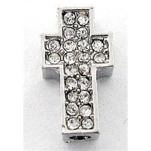 Bracelet bar, cross, alloy connector with rhinestone, platinum plated, 8x15mm [FDCN196]