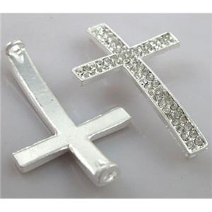 Bracelet bar, cross, alloy connector with rhinestone, duck-silver, 23x38mm [FDCN88]