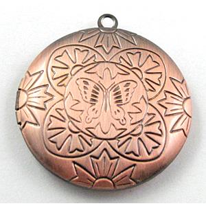 necklace Locket pendant, flat-round, copper, Red copper plated, 33mm dia, nickel free [FDCPD119RP]