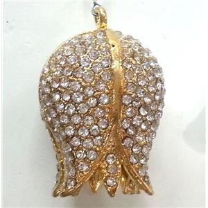 rose, copper pendant with rhinestone, gold plated, approx 22x35mm [FDCPD188]