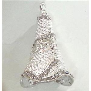bell, copper pendant with rhinestone, silver plated, approx 25x40mm [FDCPD191]