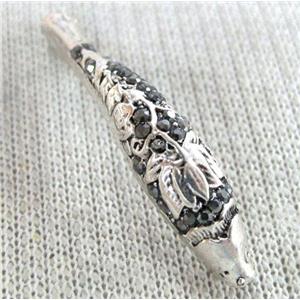 bracelet bar, alloy tube paved rhinestone, antique silver, approx 3-7x39mm, 1.5mm hole [FDCT86]