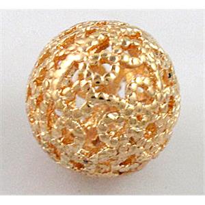Hollow Alloy bead, round, light gold, 10mm dia [FDFR042]
